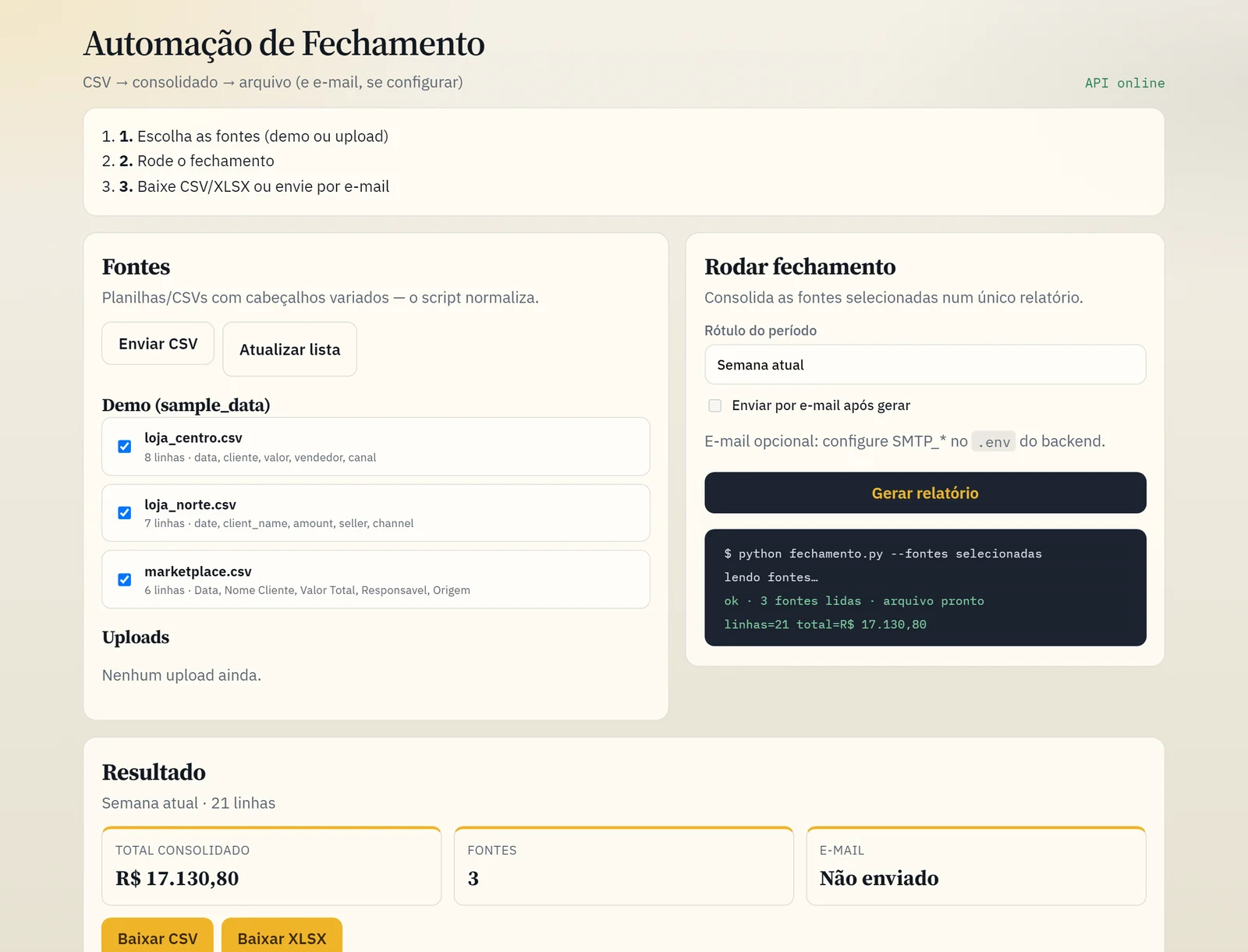 Automação de fechamento: fontes CSV, consolidação e relatório gerado